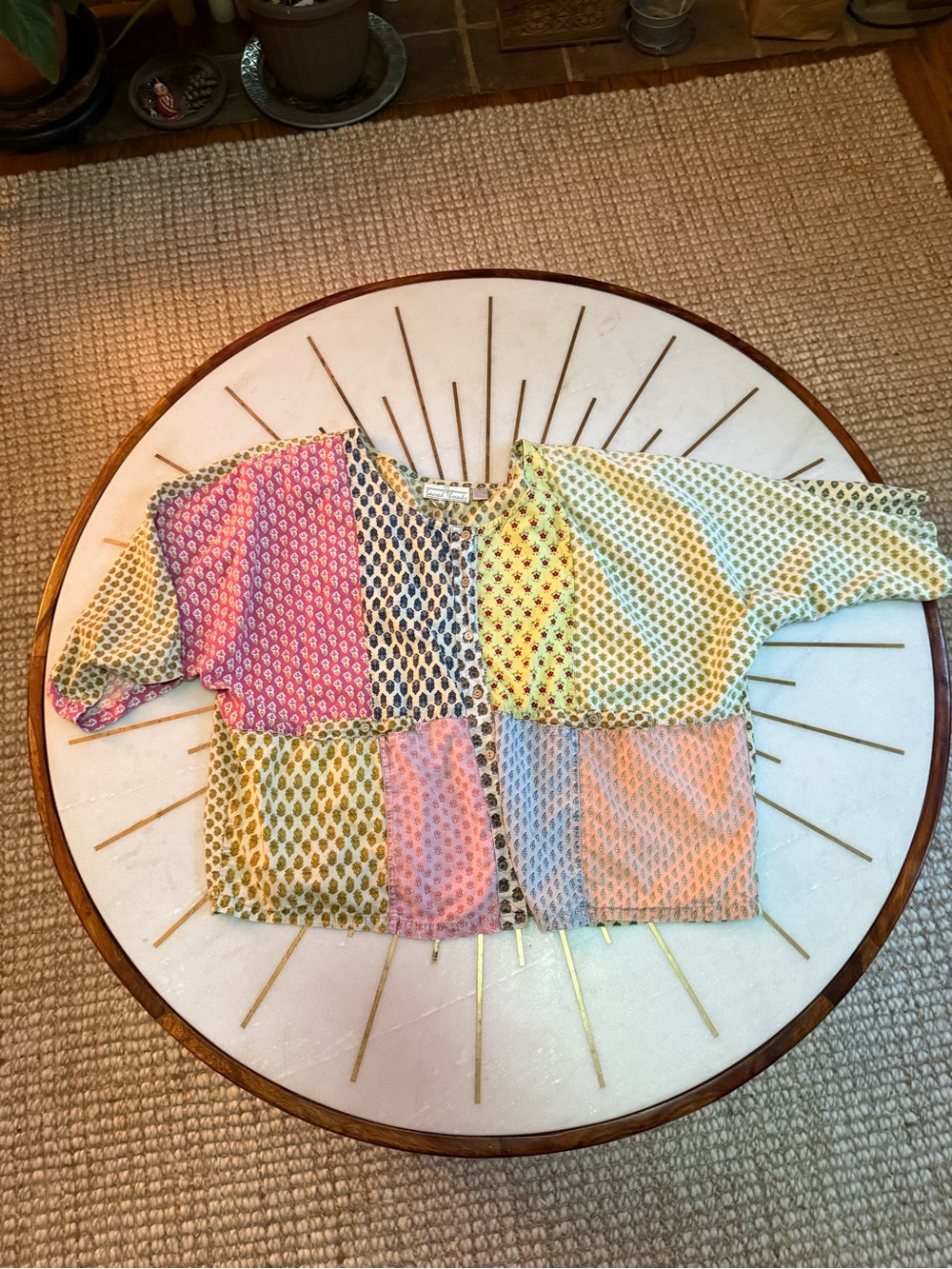 Sacred Threads Patchwork Blouse in Pastel Blue, Green, Pink